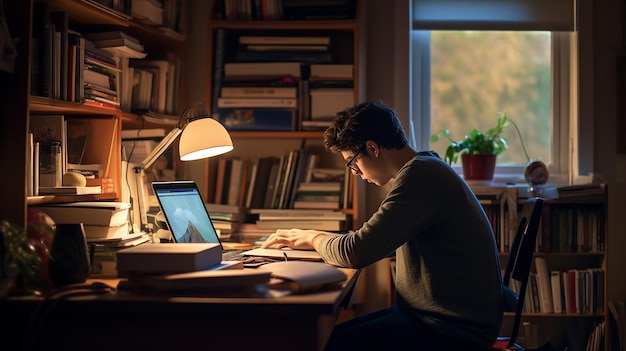 A man working on laptop in office room