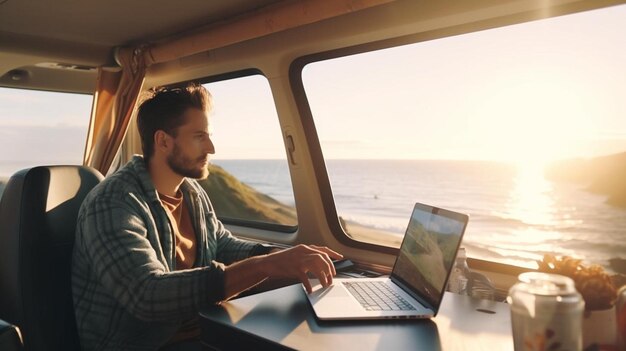 Photo a man working on a laptop in a small boat with the ocean in the background