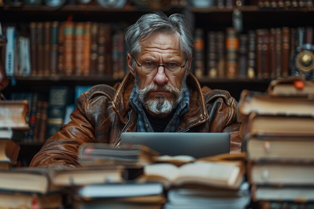 Man Working on Laptop Surrounded by Books