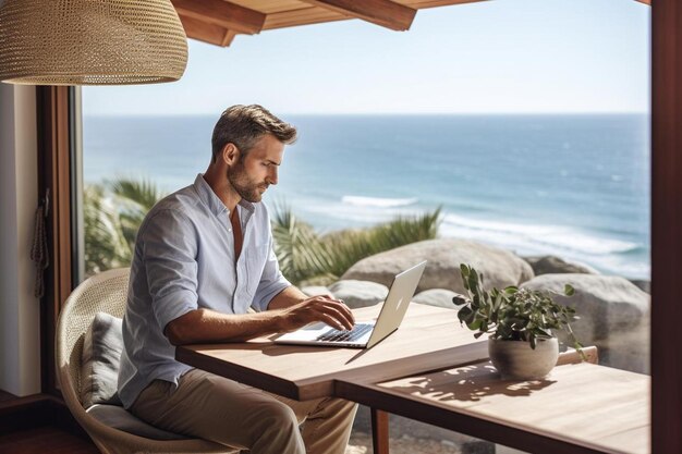 Foto uomo che lavora su un computer portatile a un tavolo con l'oceano sullo sfondo.