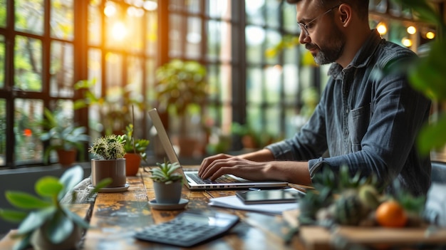 Photo man working on laptop at table