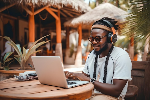 Man Working on Laptop at Tropical Beach Resort