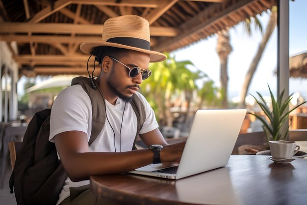 Man Working on Laptop at Tropical Beach Resort