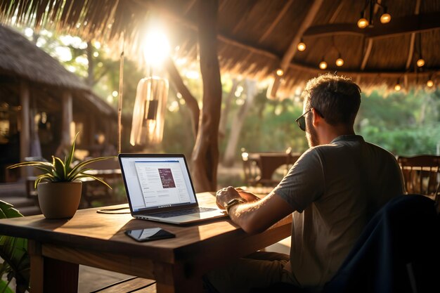 Man Working on Laptop at Tropical Beach Resort