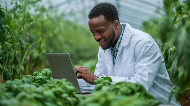 Foto un uomo che lavora su un portatile in un giardino di verdure