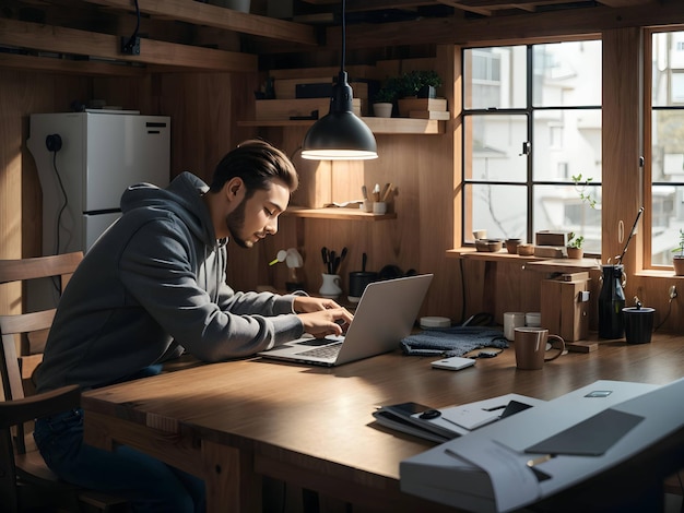 Photo man working on laptop