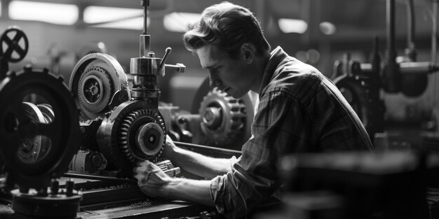 Foto un uomo che lavora su una macchina in una fabbrica adatta a concetti industriali