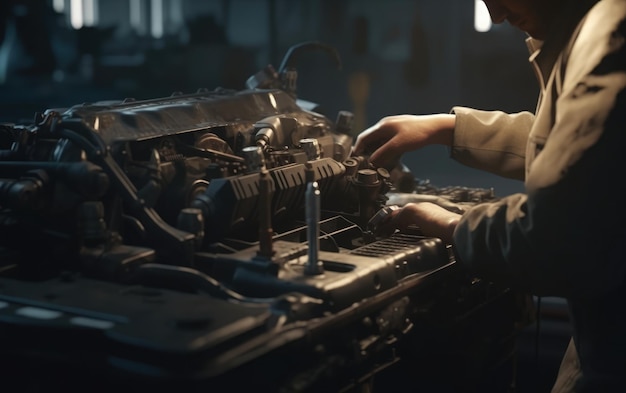 A man working on a machine with a cap on and a cap on the engine.