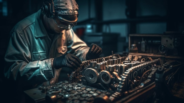 A man working on a machine with a headphones on.