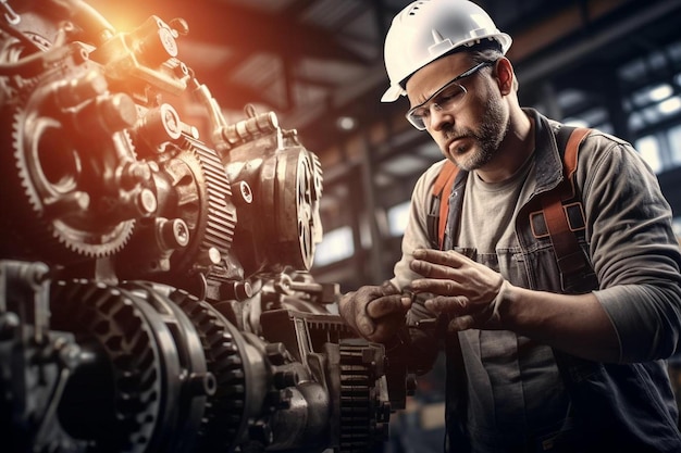 a man working on a machine with a red light behind him