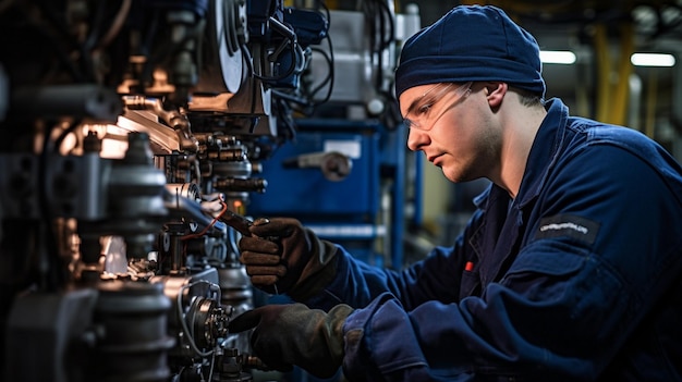 a man working on a machine with the word " on it.