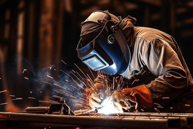 Photo a man working on a metal piece with a blue helmet on it