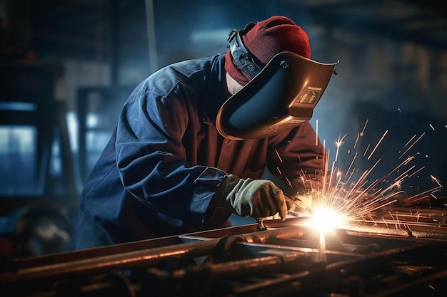 a man working on a metal piece with a red hat on