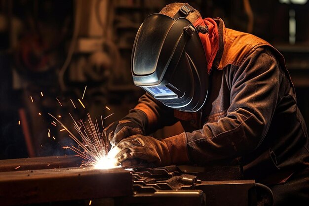 Photo a man working on a metal piece with a sparks in the air