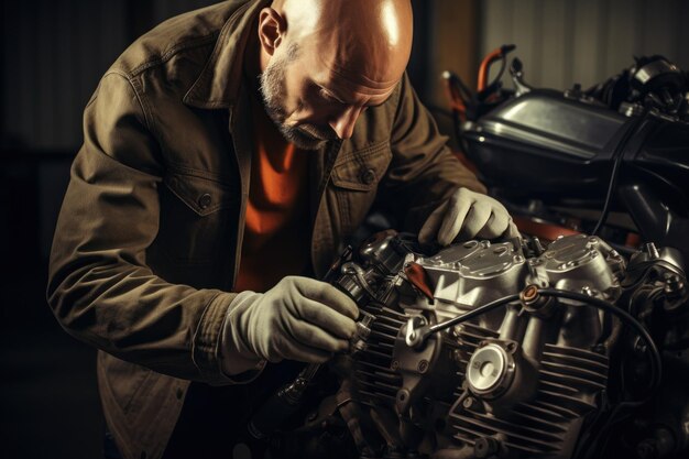 Foto uomo che lavora alla moto nel garage