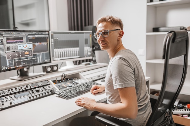 안경을 쓴 컴퓨터를 사용하여 음악 스튜디오에서 일하는 남자 사운드 엔지니어 작업 및 믹싱 트랙 프로그래머는 음악 기술 개념을 들으면서 디스플레이를 보고 있습니다.