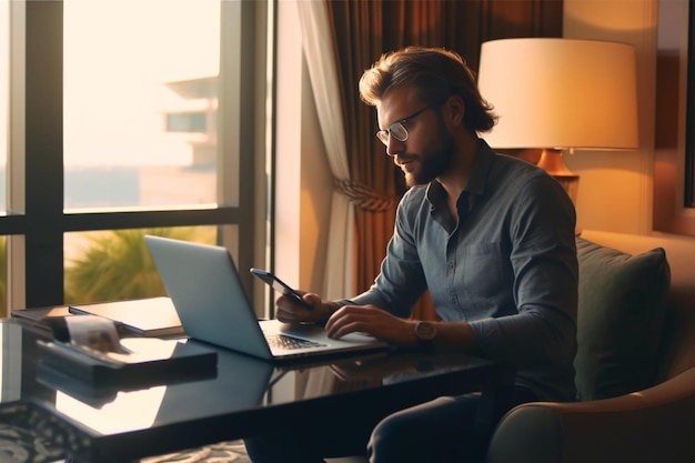 Man working on a notebook in hotel room Generative AI