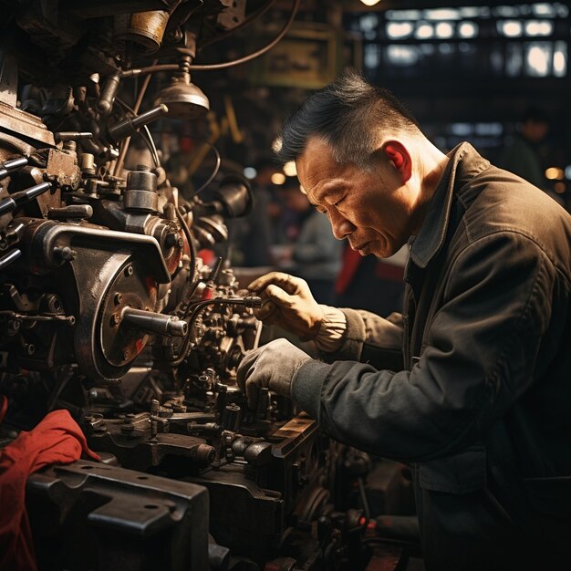 Foto un uomo che lavora su un vecchio motore con le parole 