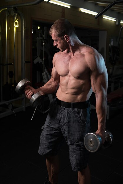 Man Working Out Biceps In Gym  Dumbbell Concentration Curls