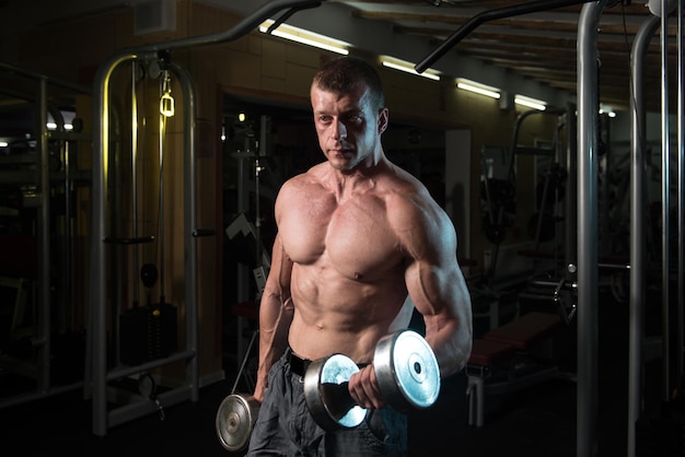 Man Working Out Biceps In Gym  Dumbbell Concentration Curls