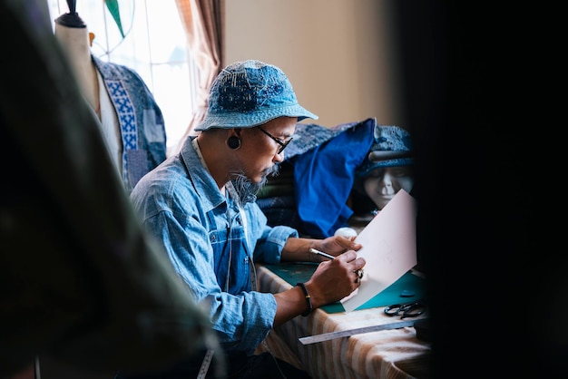 Photo man working over paper on table