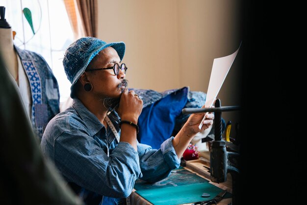 Photo man working over paper on table