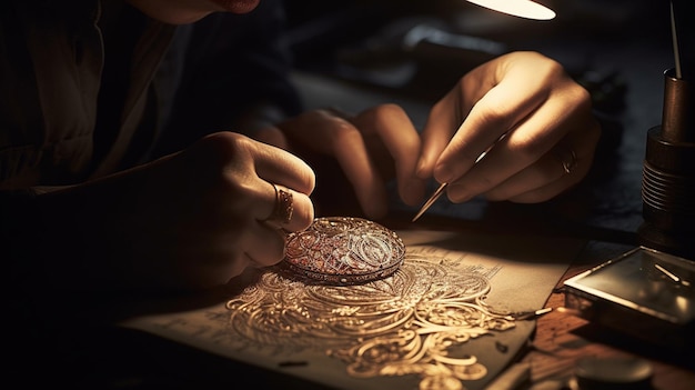 A man working on a piece of art with a lamp on the table.