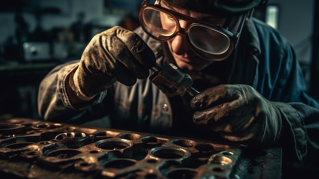 A man working on a piece of metal with a goggles on his face.