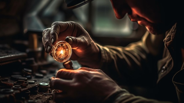 A man working on a piece of metal with a light on it