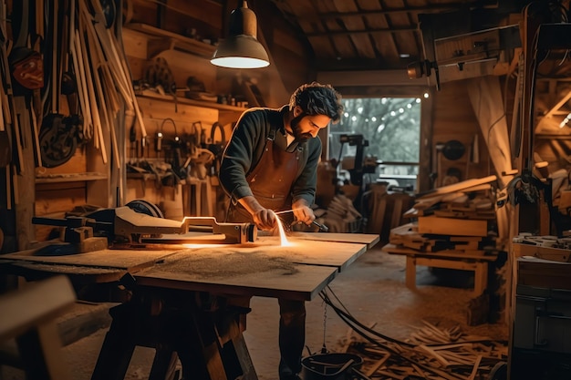 作業場で木片を加工する男性