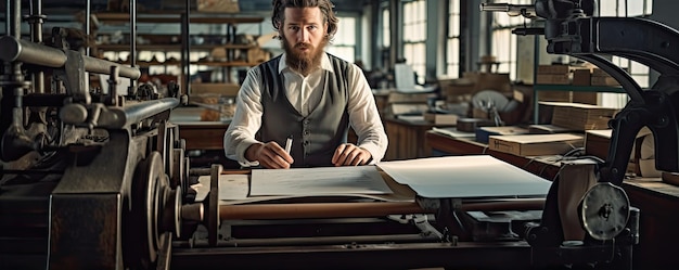 Man working at printing press offince in old times Old paper factory wide picture