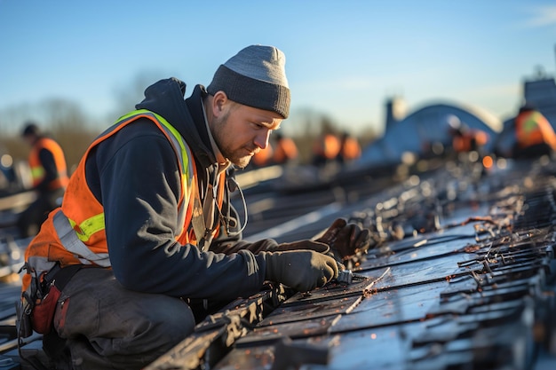 A man working on the roof of a building placing tiles