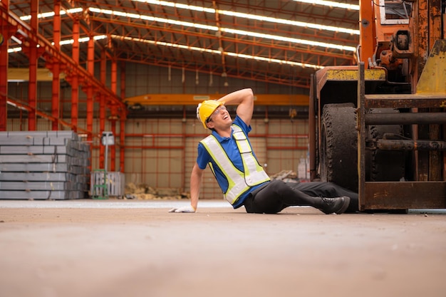 Photo a man working in a steel industry factory he was critically hurt when a forklift ran over his leg