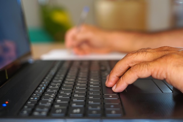 Man working at sunny office at workplace High quality photo