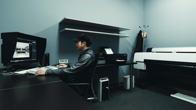 Man working on table at office desk