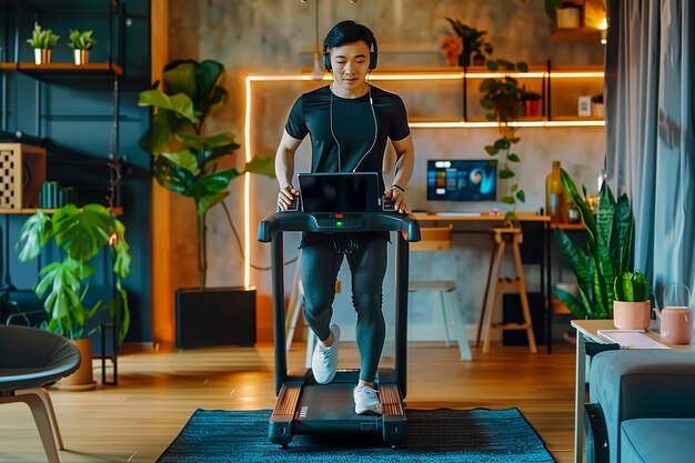 Man Working on Treadmill at Home Office Multitasking Fitness and Productivity Premium AI generated image