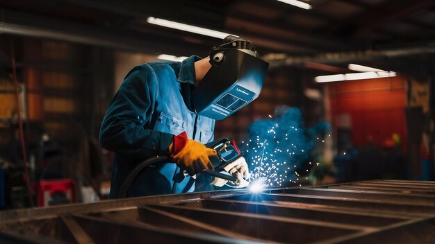 Photo man working with argon welding machine in a garage