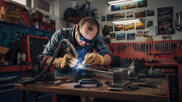 Man working with argon welding machine in a garage