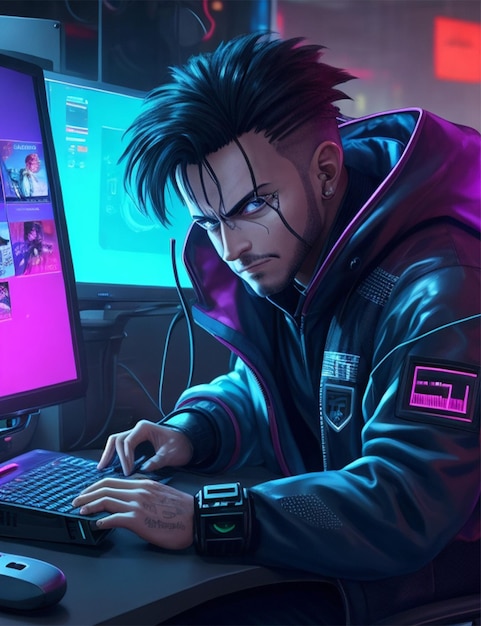 A man working with a computer cyberpunk neon light baby face