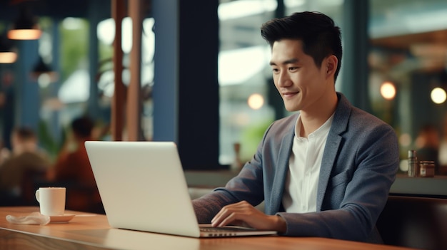 Man working with computer laptop on blur office background