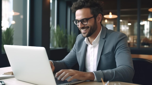 Man working with computer laptop on blur office background