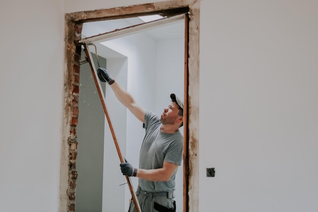 A man working with a crowbar in a doorway