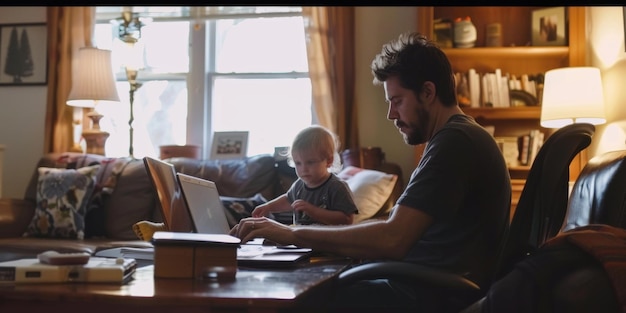 man working with laptop family in background Generative AI