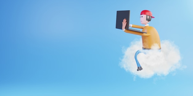 Man working with laptop sitting on cloud