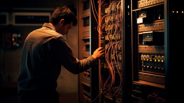 man working with server wires