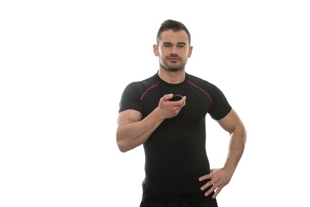 Man Working With Stopwatch On Clipboard White Background