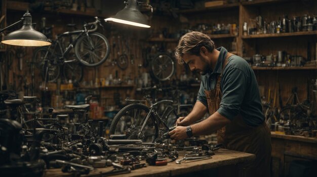 a man working in a workshop with many tools on a table and shelves