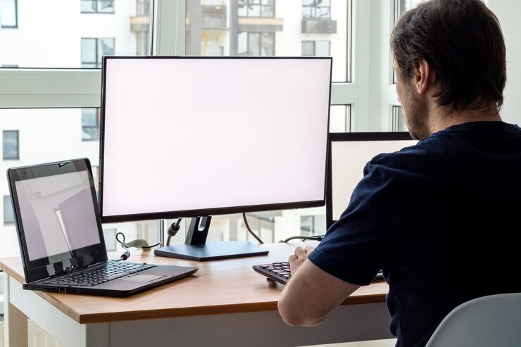 A man at workplace with two laptops and a monitor near the window