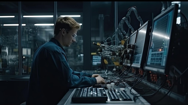 A man works on a computer in a dark room with a large screen that says'the word'on it '