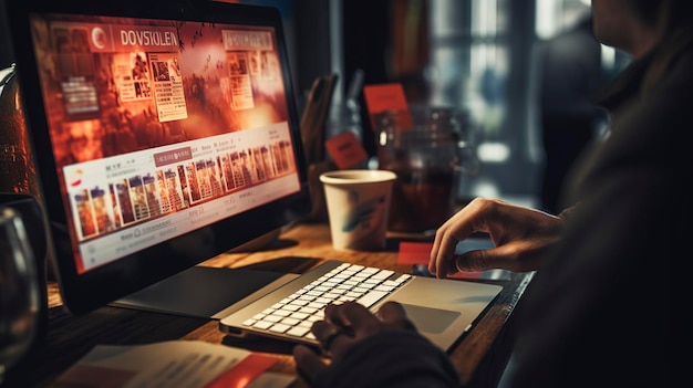 Foto un uomo lavora su un computer con una tazza di caffè e un portatile